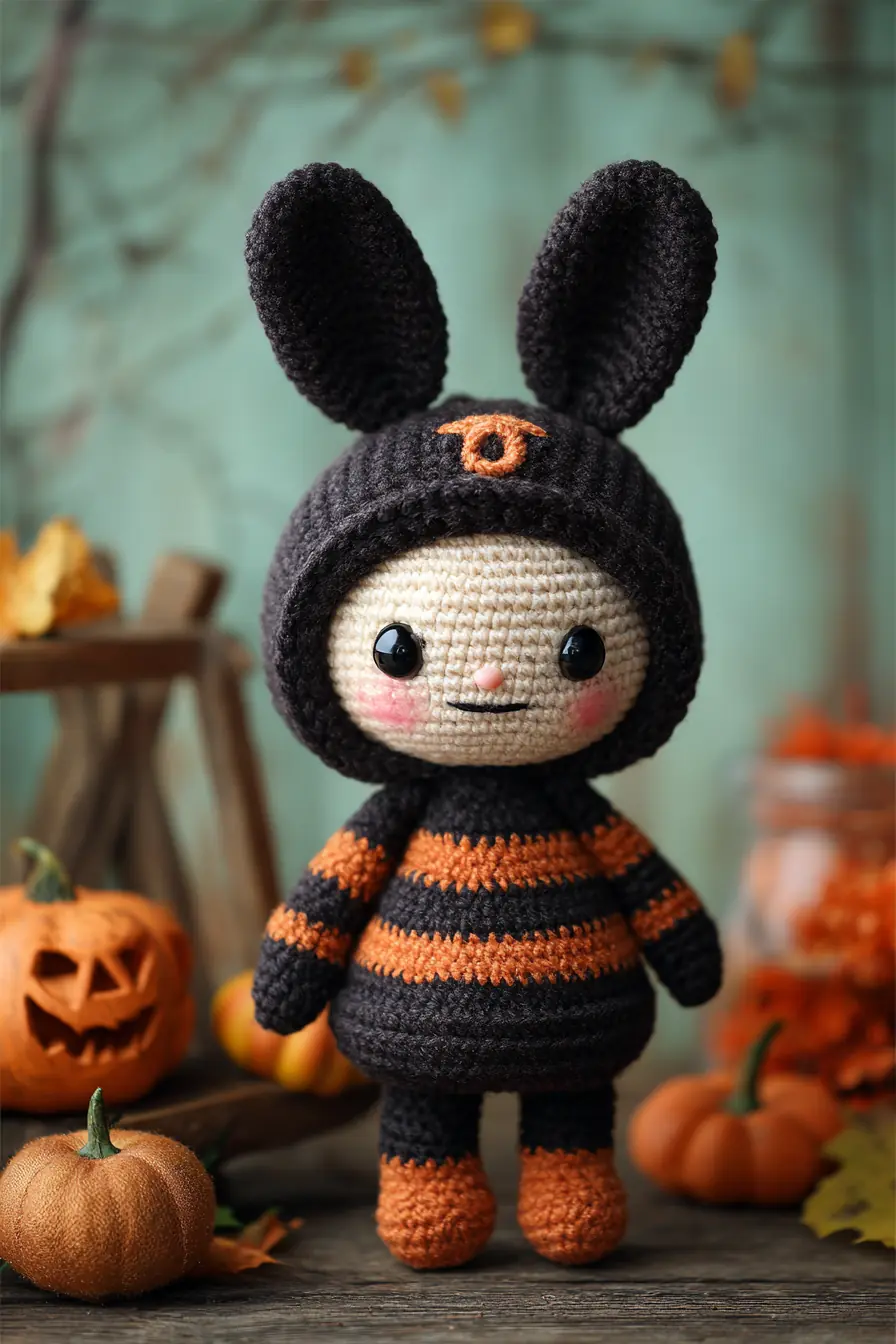 Halloween Bunny Amigurumi — Black & Orange Striped Crochet Doll