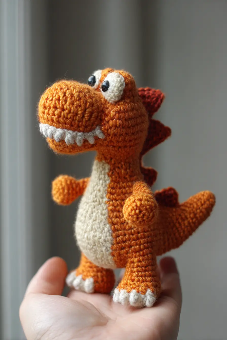 Palm-Sized Orange Amigurumi Dinosaur Crochet Pattern & Materials Guide