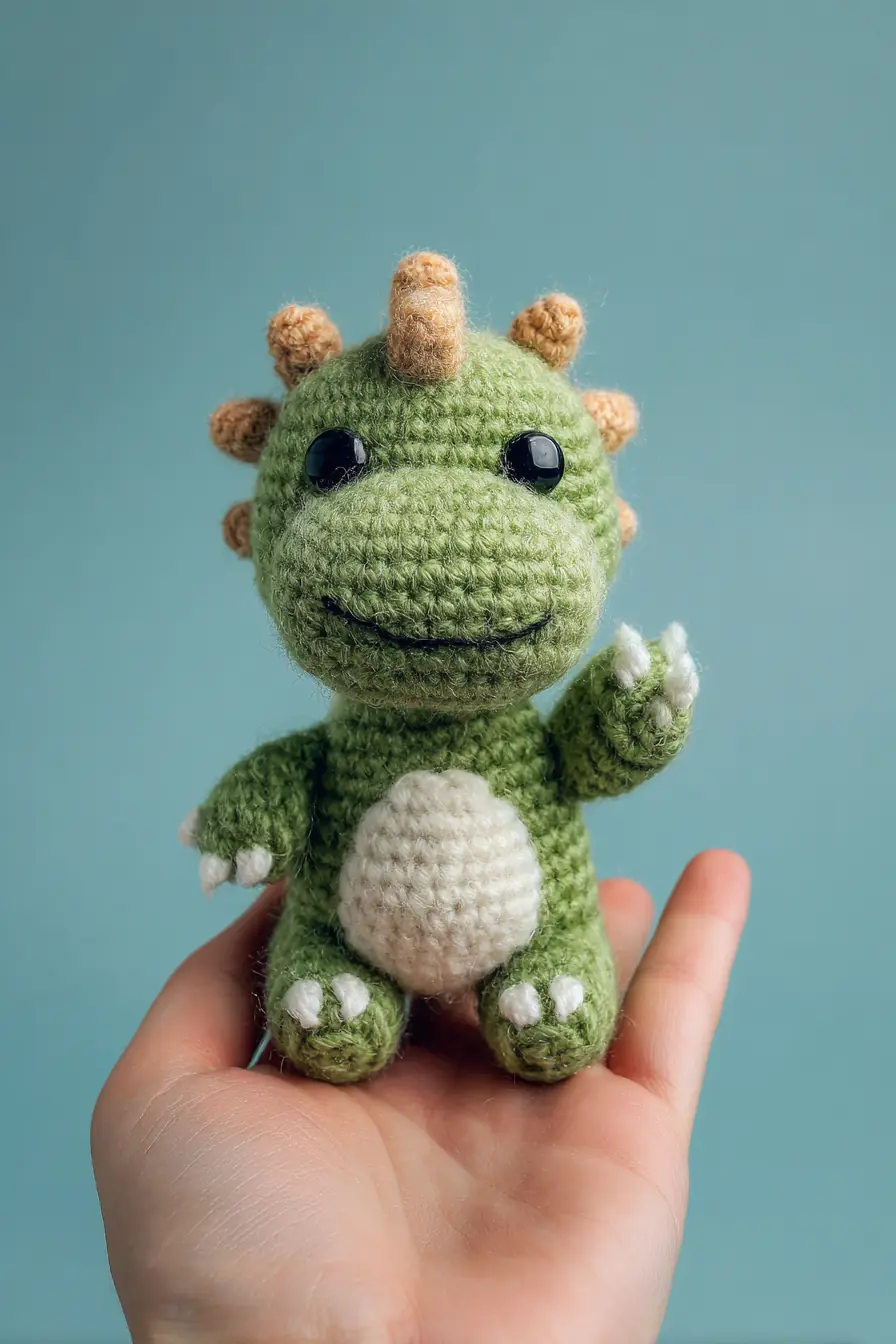 Palm-Sized Crochet Dino Amigurumi — Green Dino with Safety Eyes