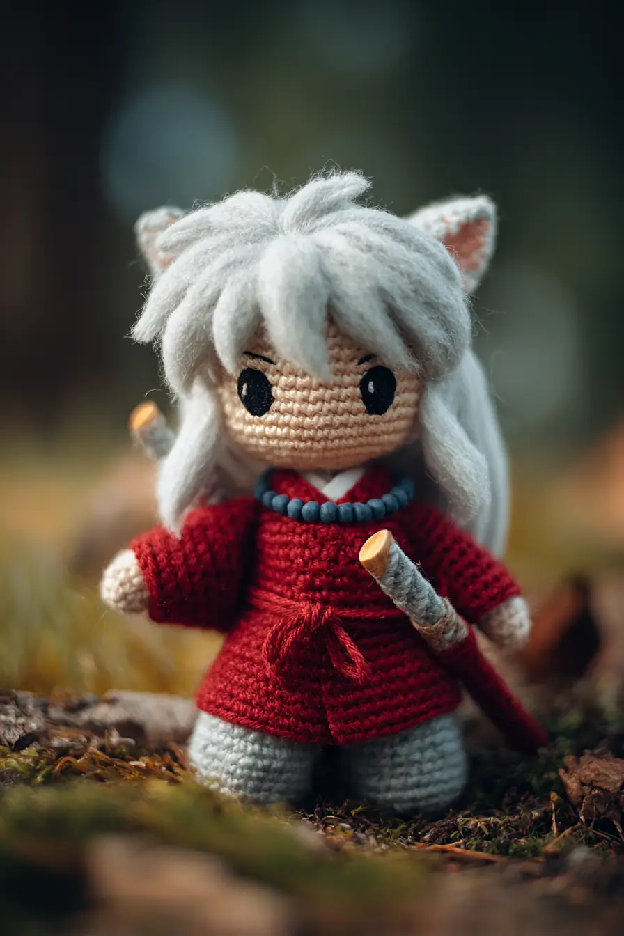 Handmade Amigurumi Kimono Doll Crochet Pattern — Red Coat, Fluffy Hair & Sword