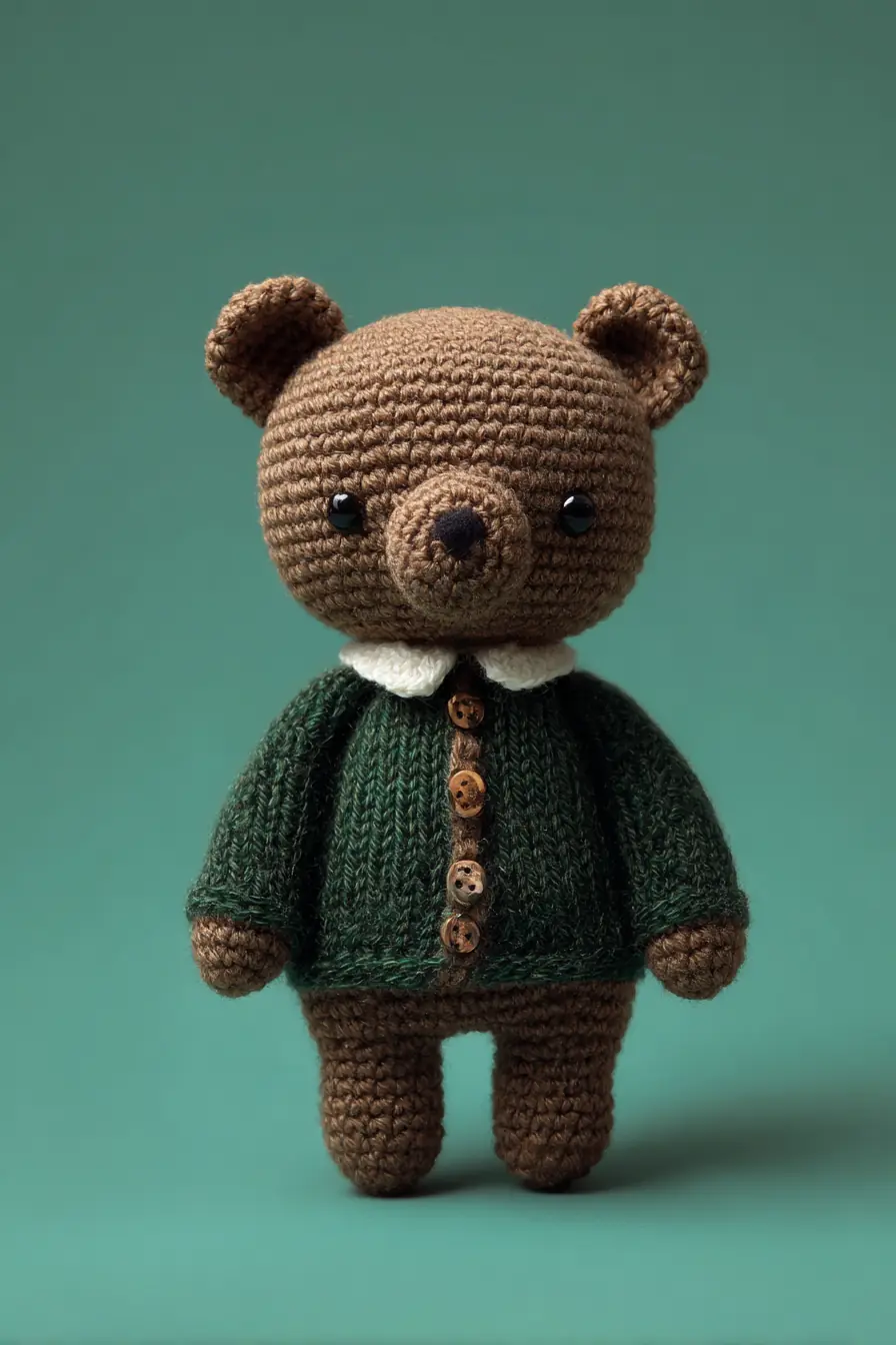 Handmade Brown Bear Amigurumi Pattern – Crochet Teddy with Knit Sweater (8 in)