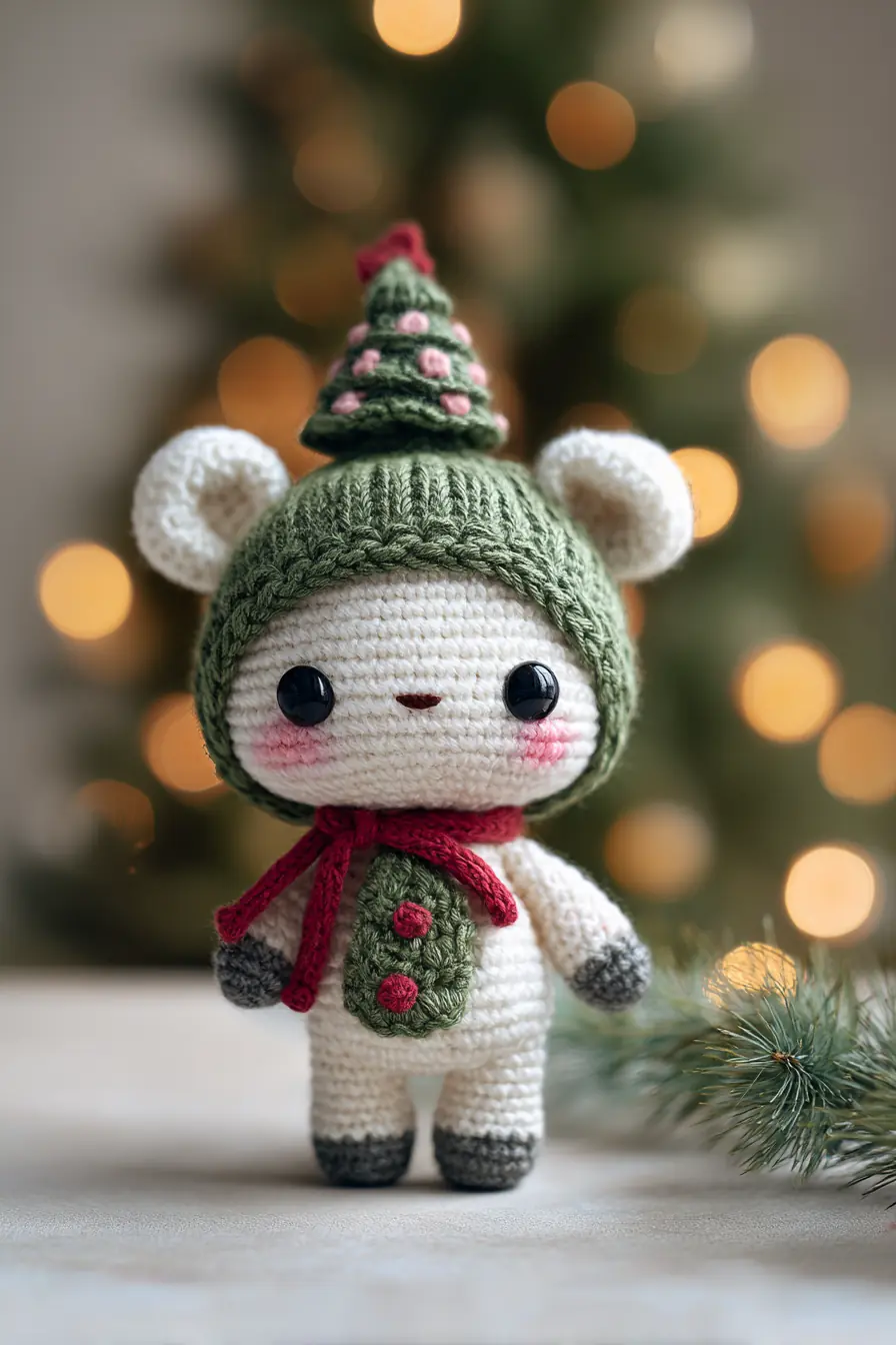 Kawaii Christmas Bear Amigurumi Pattern — Tree Hat, Scarf & Button Details