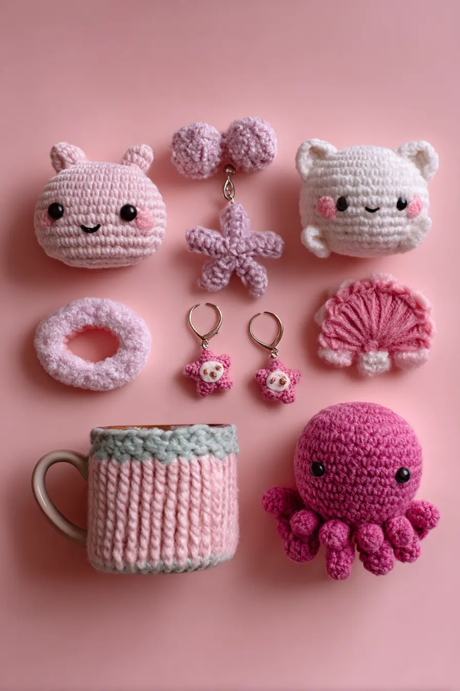 Kawaii Pink Amigurumi Set: Octopus, Kitty Heads & Charm Keychains