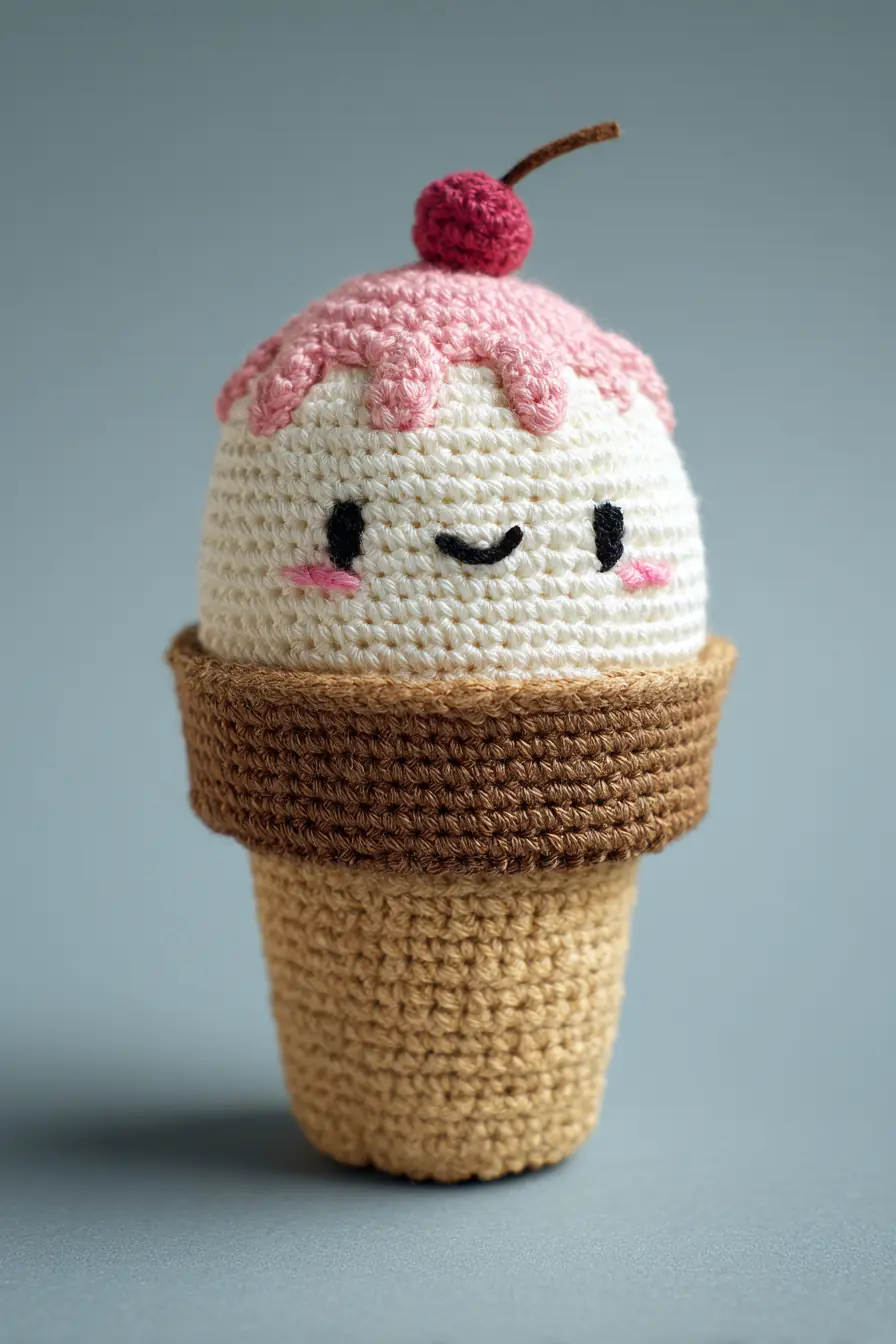 Kawaii Amigurumi Ice Cream Cone — Crochet Cone with Drip Topping & Cherry