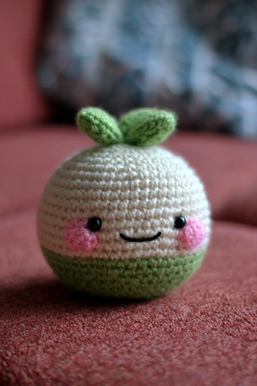 Kawaii Round Leaf Amigurumi — Crochet Plush Toy with Embroidered Face