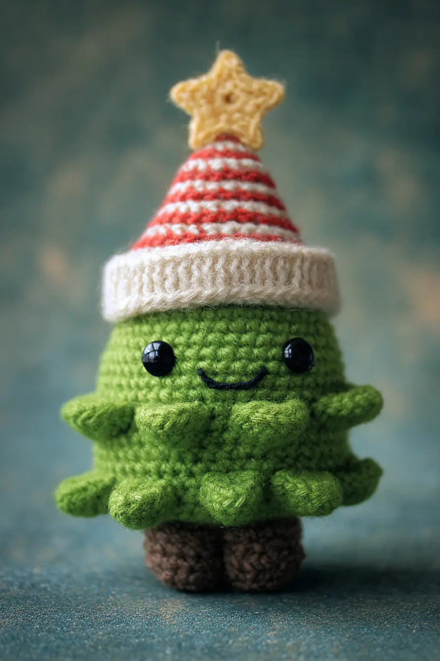 Kawaii Crochet Christmas Tree Amigurumi with Striped Hat and Star Topper