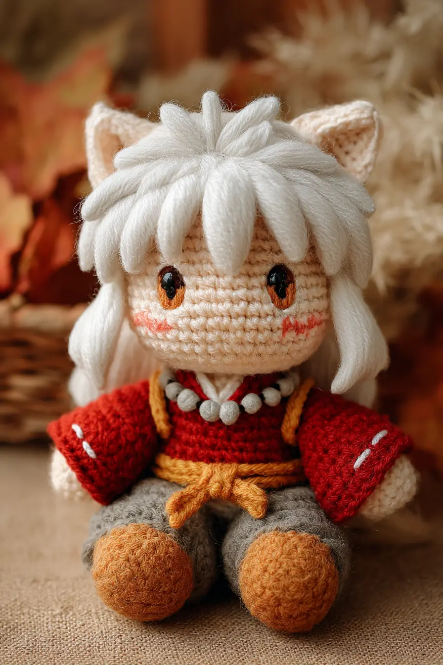 White-Haired Fox-Spirit Amigurumi Crochet Doll — 7–9 in, single crochet & magic ring
