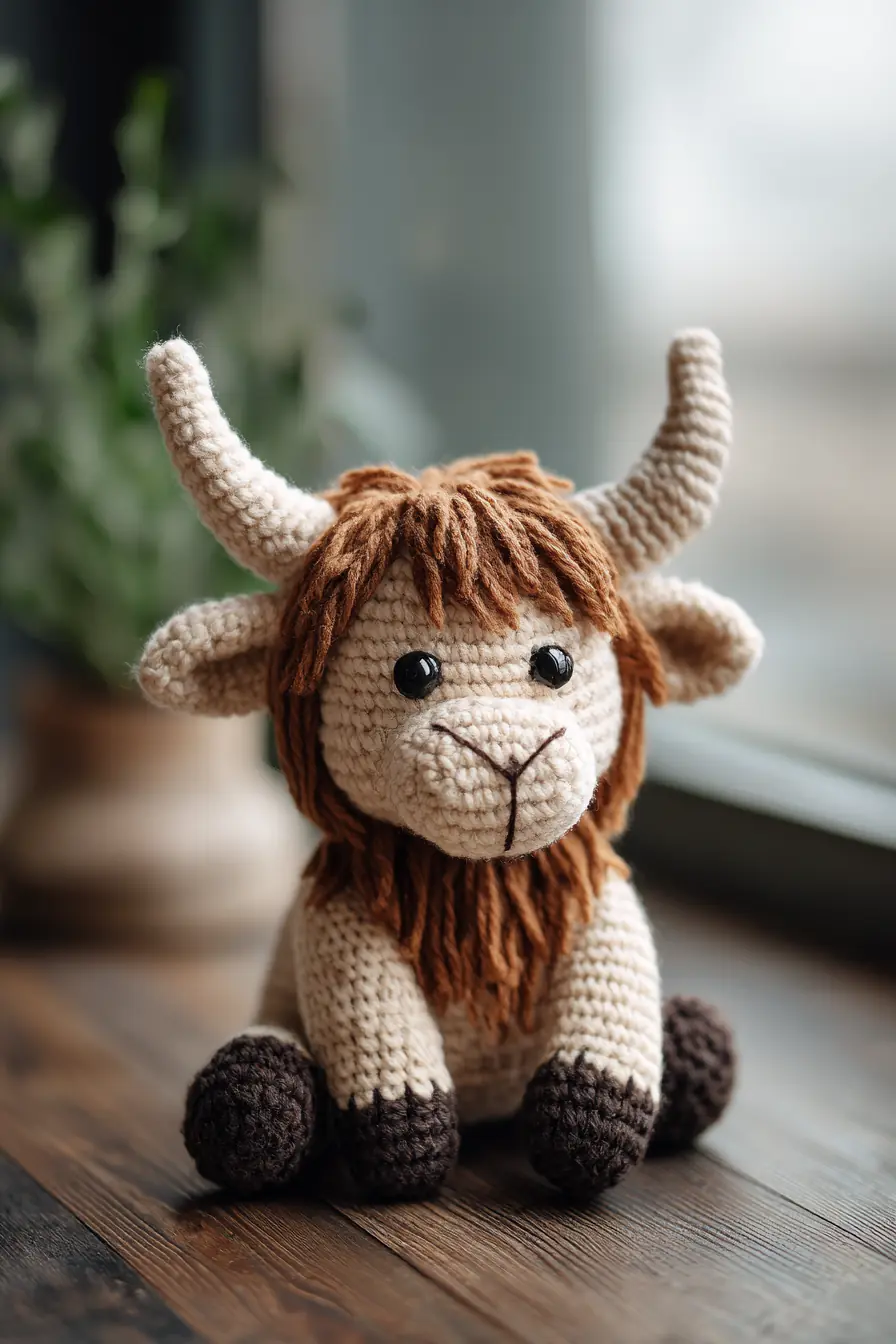 Highland Cow Amigurumi Crochet Pattern — Horned Plush with Yarn Mane