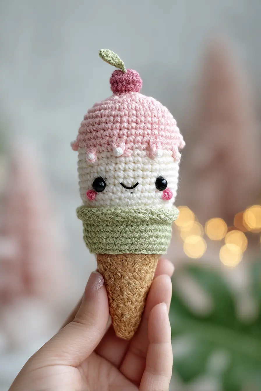Mini Ice Cream Amigurumi Crochet — Cone, Scoop & Cherry Tips