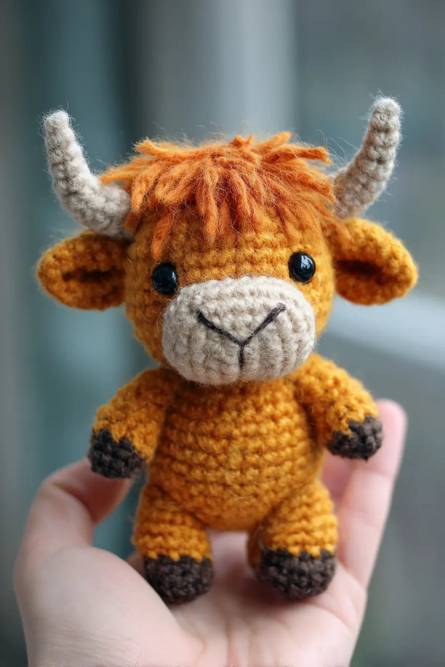 Mini Highland Cow Amigurumi — Crochet Pattern with Horns & Fuzzy Fringe