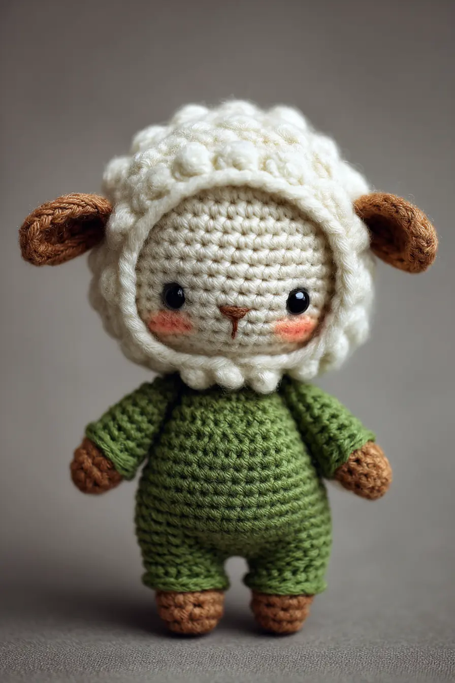 Mini Amigurumi Lamb in Green Romper — Crochet Pattern Keywords: sheep, bobble stitch, amigurumi