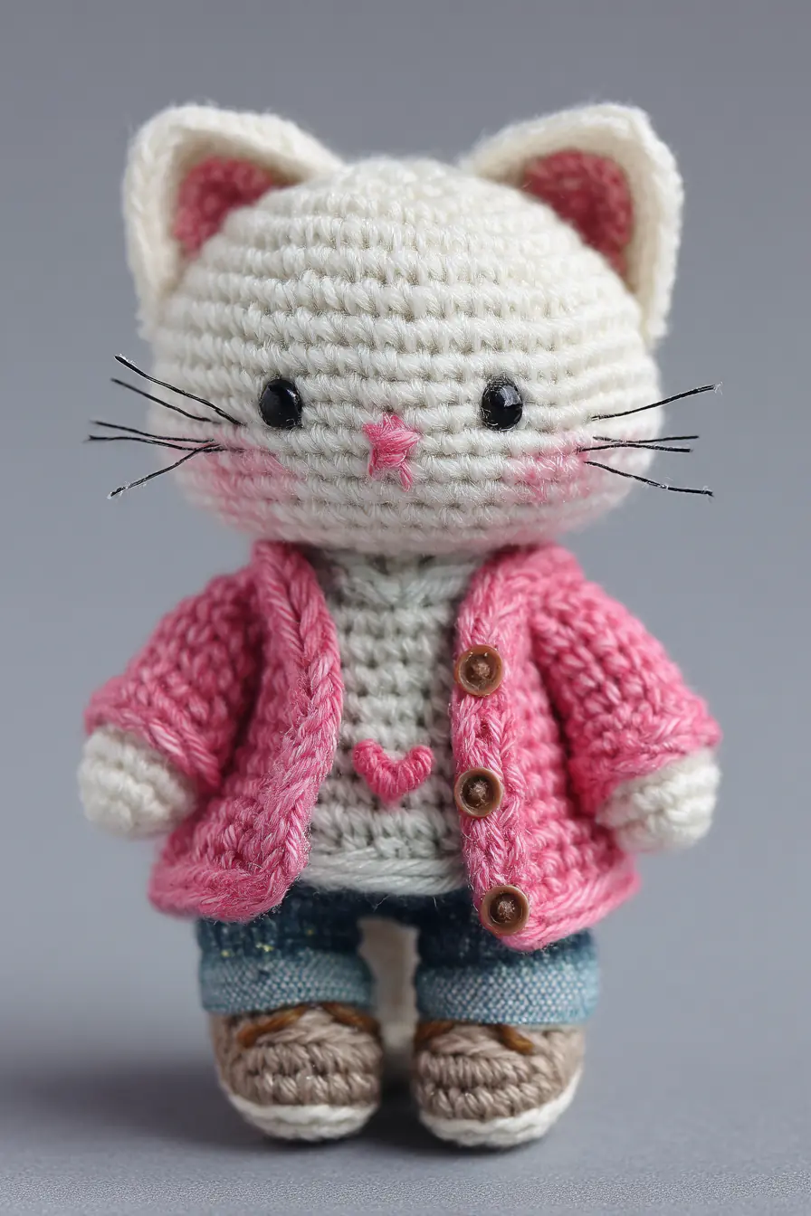 Mini Amigurumi Cat Doll — Crochet Kitty with Pink Jacket