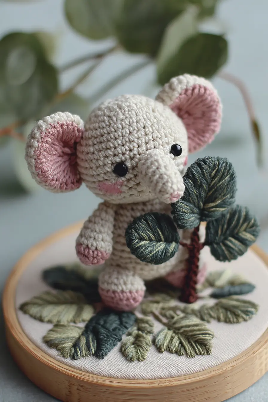 Mini Amigurumi Elephant — Crochet Pattern with Embroidered Leaf Base