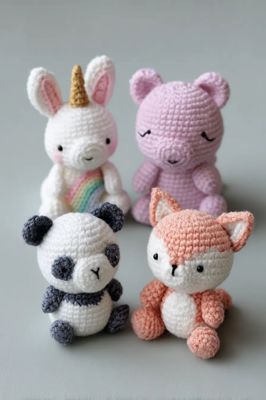 Mini Amigurumi Animal Set: Fox, Panda, Unicorn & Bear Crochet Guide