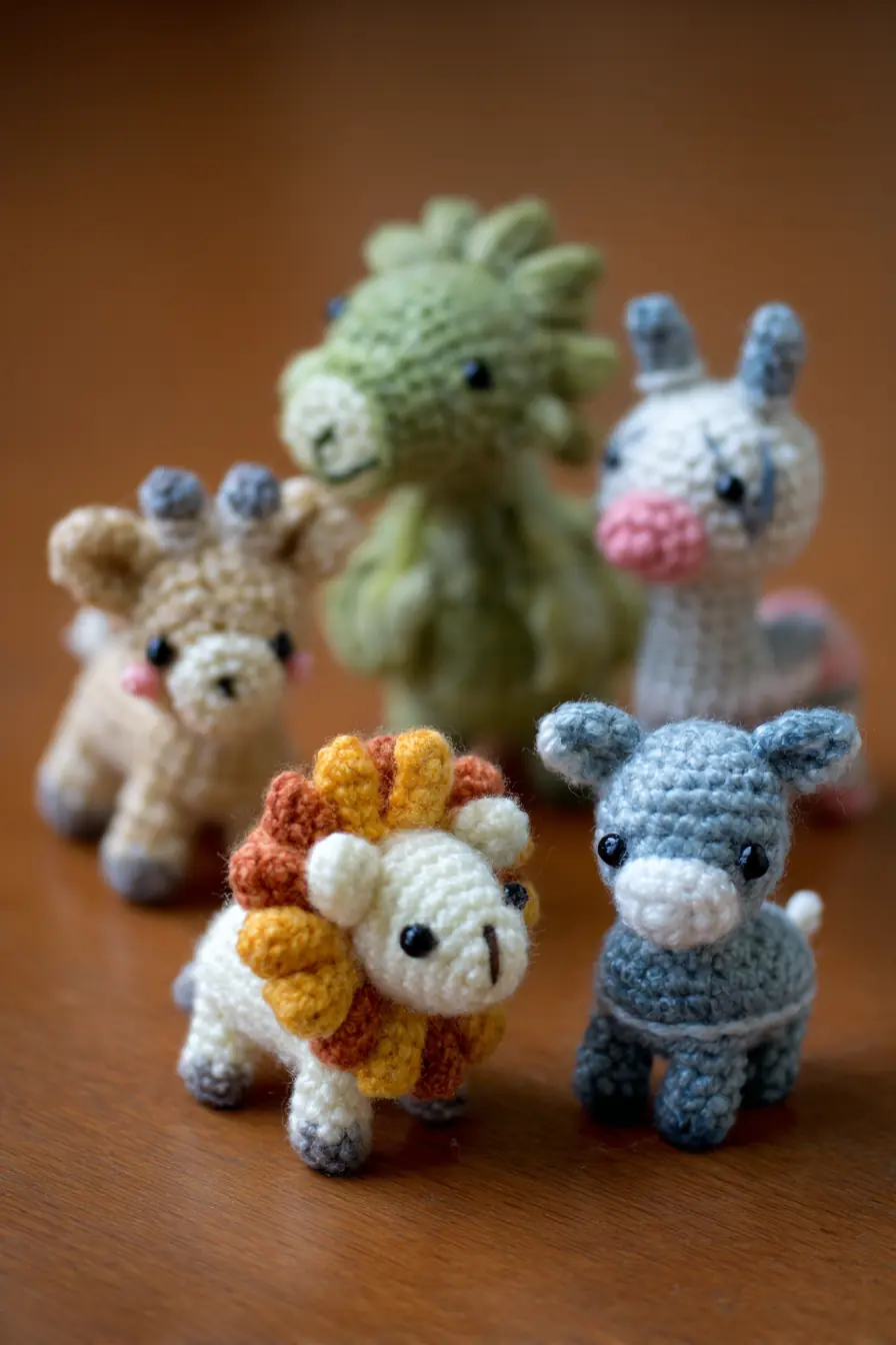 Mini Amigurumi Animal Set Crochet Pattern — Tiny Lion, Donkey, Giraffe & Dragon