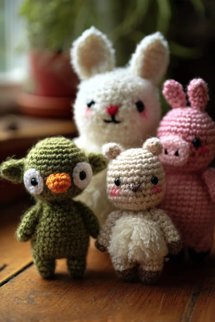Mini Amigurumi Animal Set — Crochet Bunny, Bear, Pig & Bird