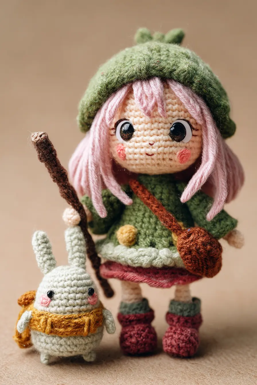 Mini Woodland Girl & Bunny Amigurumi - Crochet Doll Pattern (Hat, Bag, Staff)
