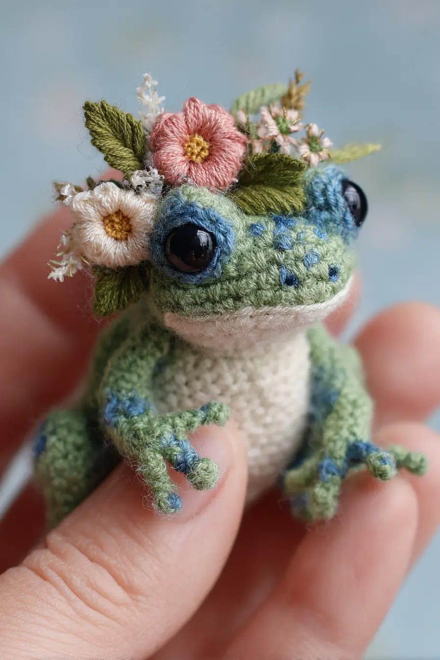 Mini Crochet Frog Amigurumi with Floral Crown — Cotton Yarn & Safety Eyes