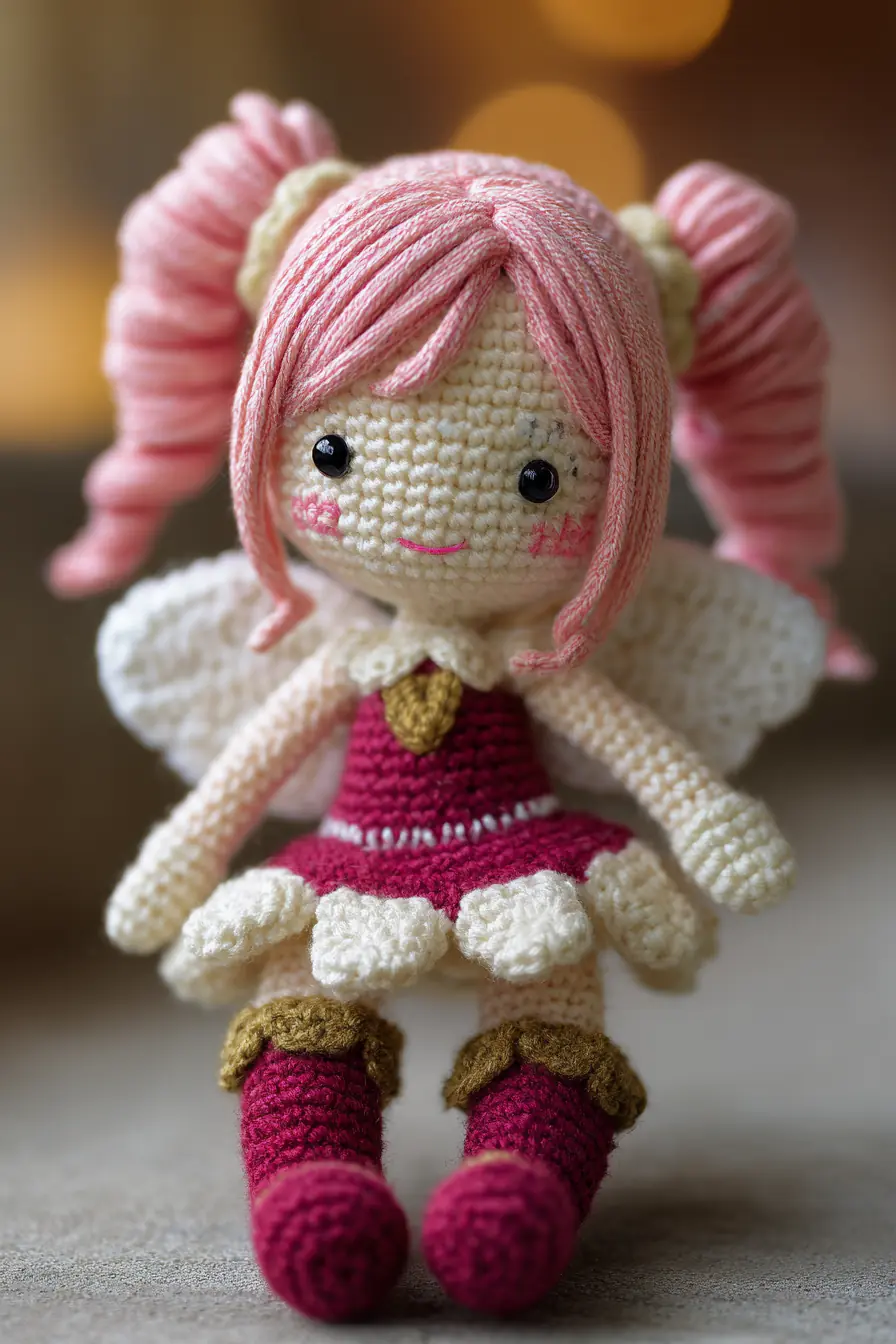 Pink Pigtail Fairy Amigurumi Doll — Crocheted Wings, Dress & Hair