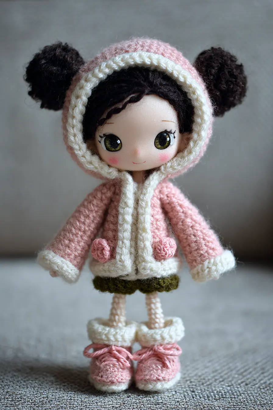 Pink Hooded Amigurumi Doll — Crochet Jacket, Pom-Poms & Booties