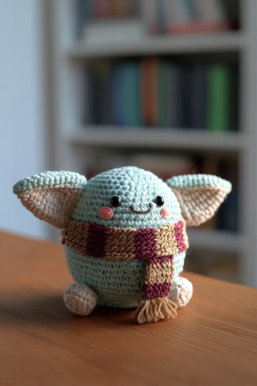 Mint Baby Alien Amigurumi — Crochet Round Plush with Striped Scarf