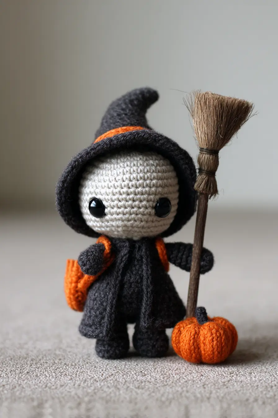 Tiny Halloween Witch Amigurumi — Crochet Doll with Broom & Pumpkin