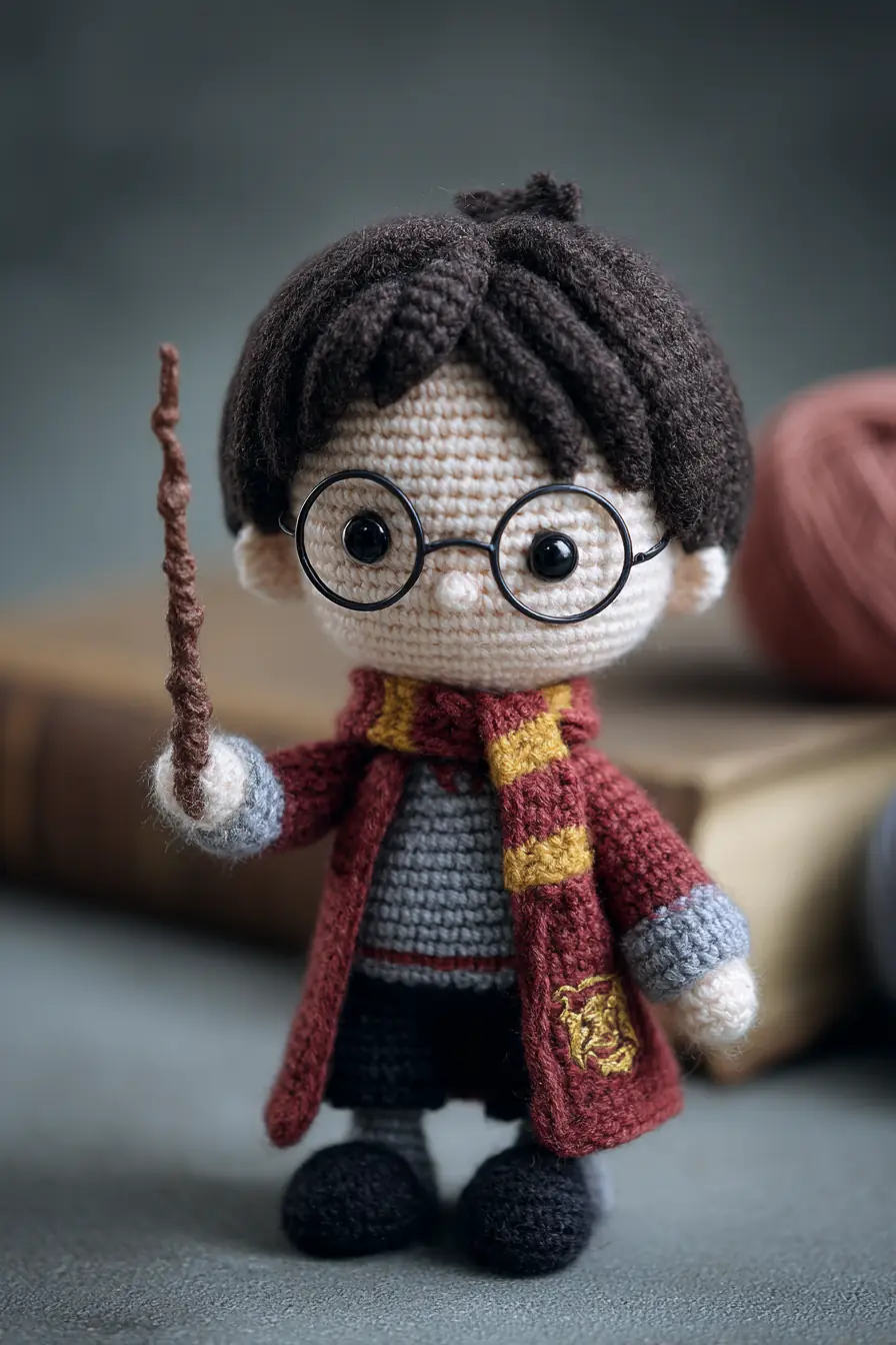 Wizard-Inspired Amigurumi Doll with Glasses, Wand and Striped Scarf