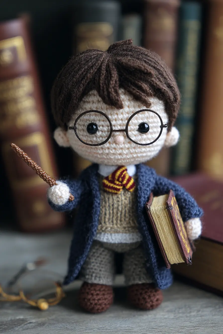 Wizard-Inspired Amigurumi Crochet Doll — Glasses, Wand & Book Details