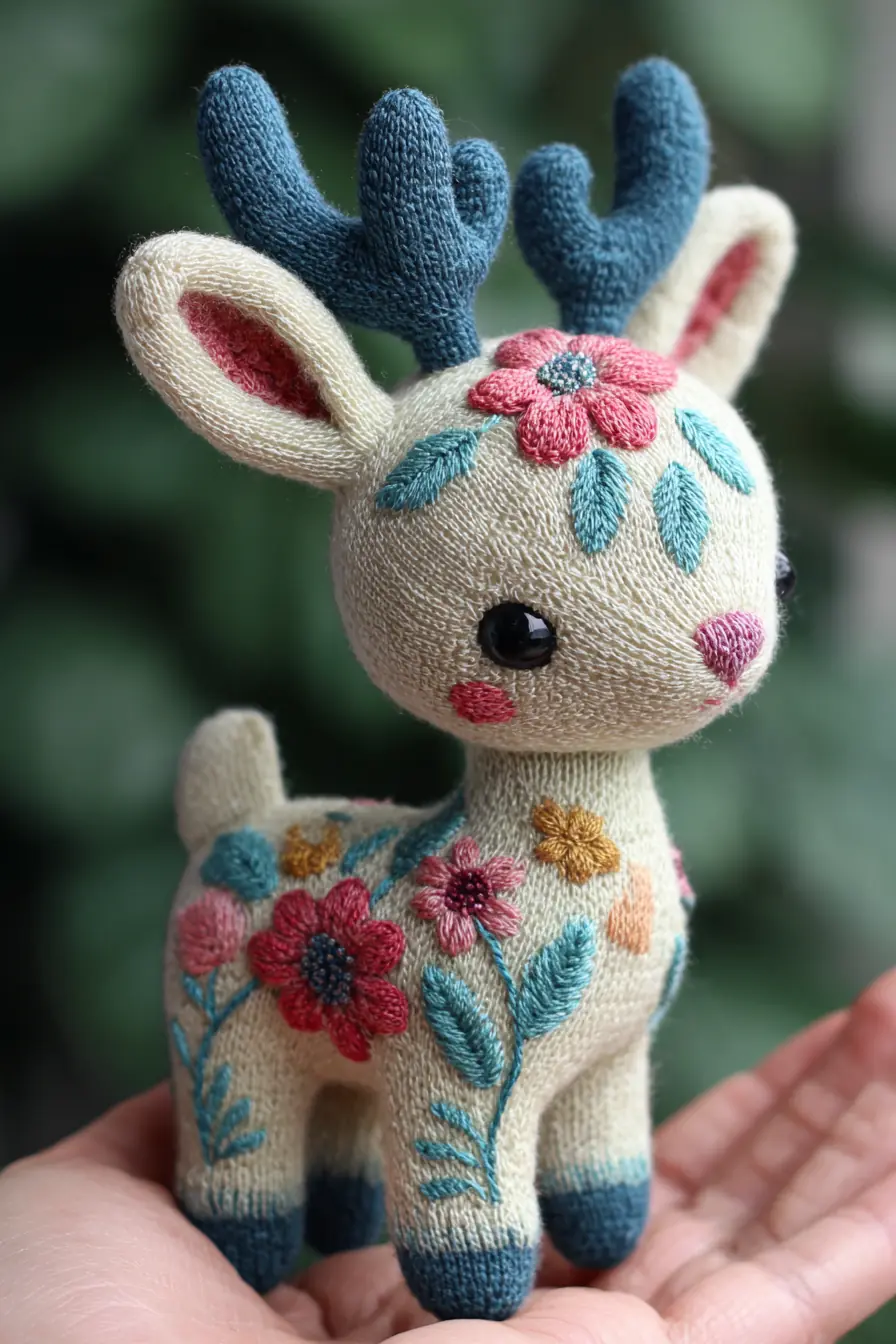 Floral Embroidered Amigurumi Deer — Knitted Plush Pattern & Stitch Guide