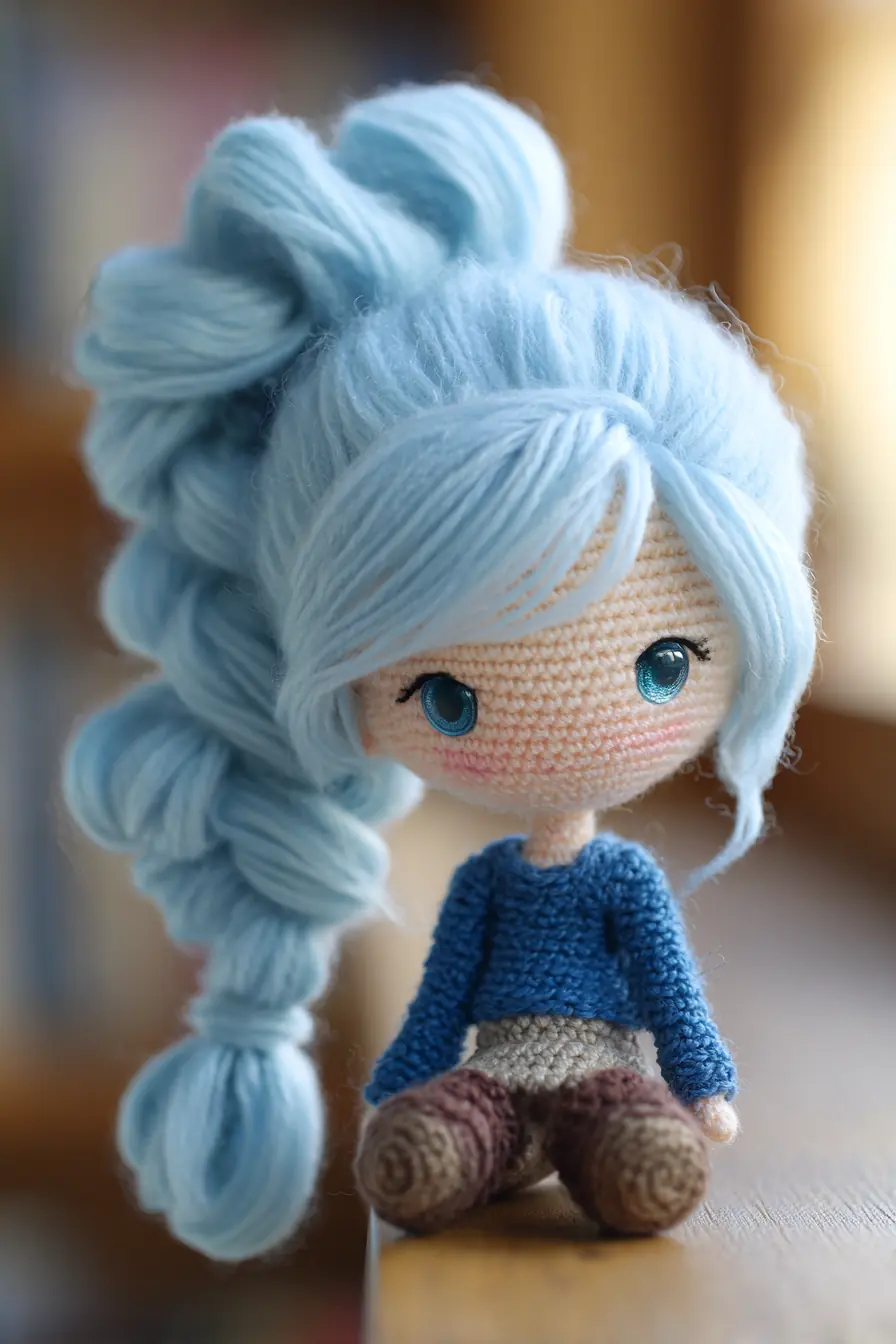 Blue‑Haired Amigurumi Doll — Crochet Doll with Braided Yarn Hair
