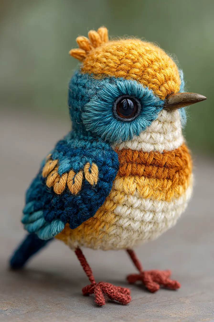 Blue‑Gold Amigurumi Bird — Crochet Toy with Feathered Stitch Detail