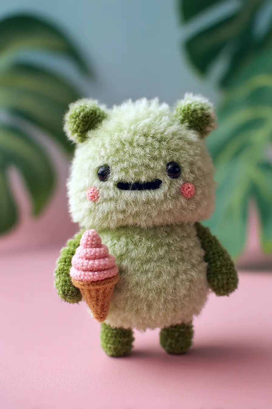 Fluffy Green Amigurumi Bear with Ice Cream — Pattern Notes & Materials
