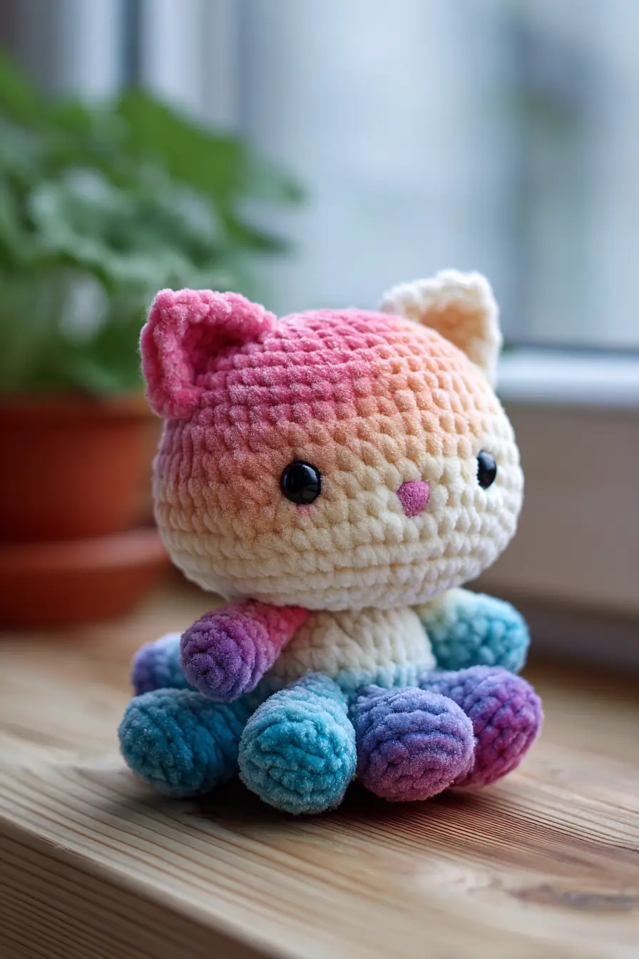 Plush Rainbow Cat-Octopus Amigurumi — Chenille Yarn Pattern