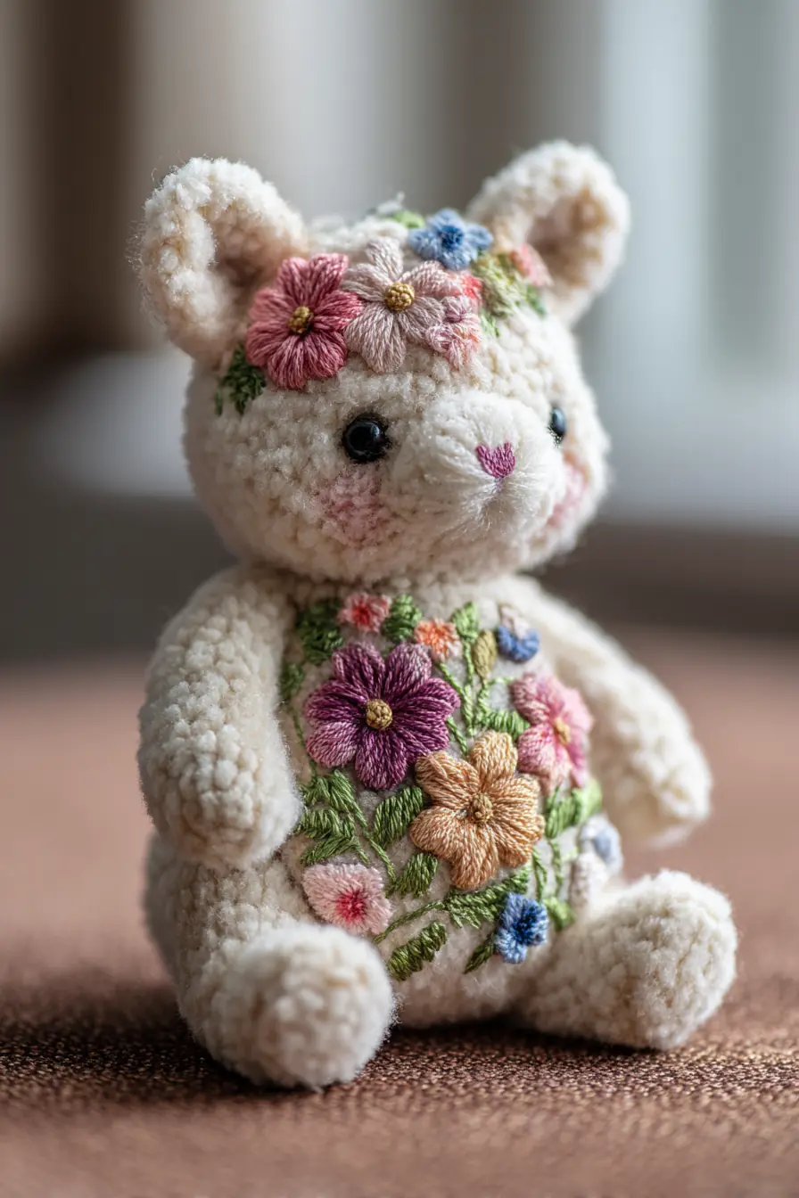 Plush Floral Amigurumi Bunny — Chenille Yarn with Embroidered Flowers (6–7 in)