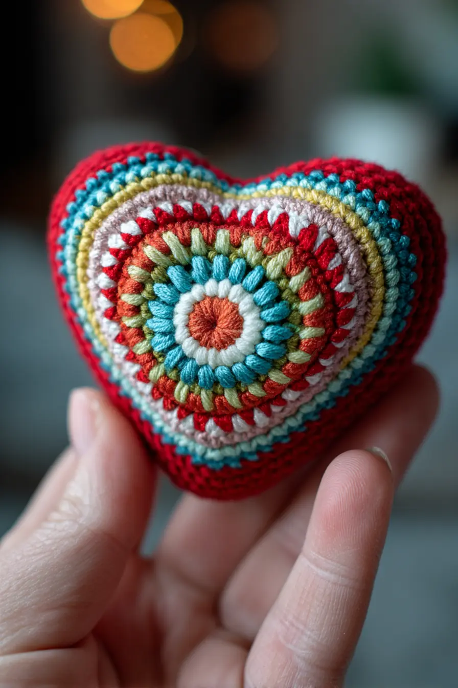 Small Multicolor Amigurumi Heart — Crocheted Round‑Motif Plush (≈6 cm)