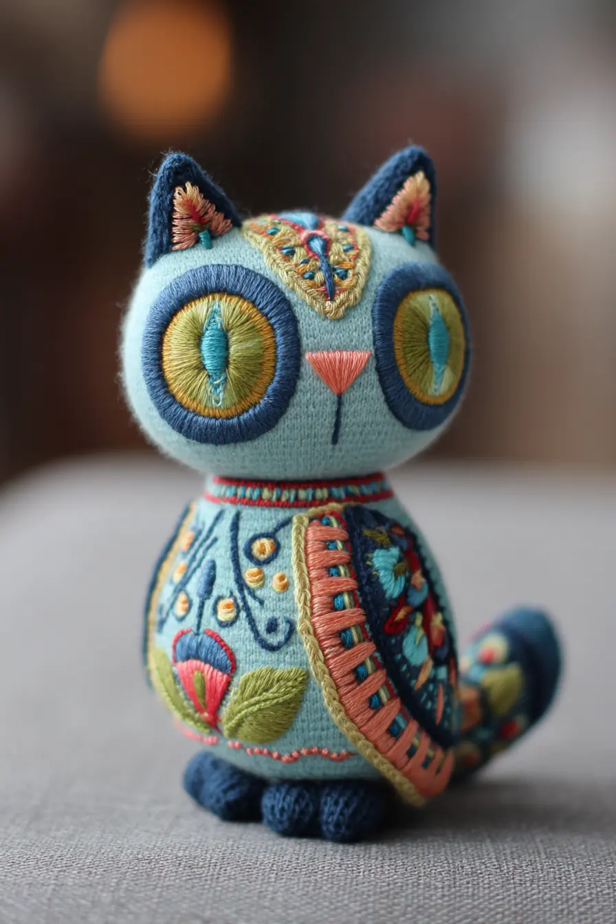 Embroidered Amigurumi Cat — Cotton-blend Plush with Colorful Surface Embroidery
