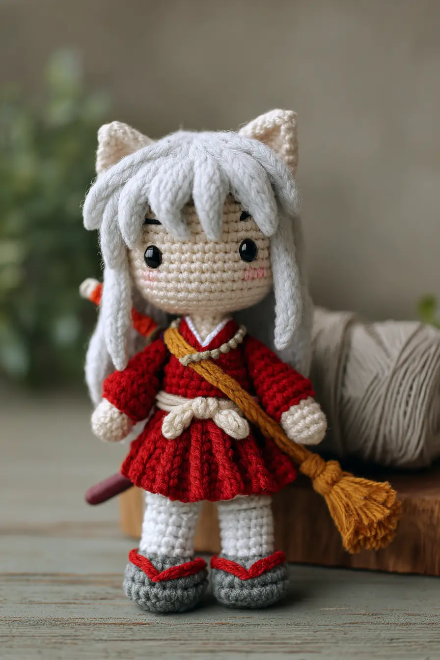 Amigurumi Cat-Eared Doll in Red Kimono — Crochet Pattern & Materials (7–9 in)