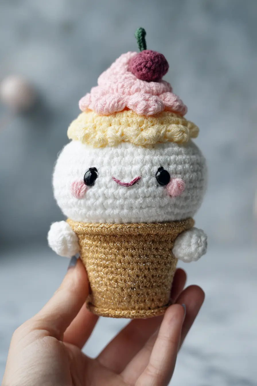 Amigurumi Ice Cream Cup — Crochet Cone with Ruffled Scoops & Cherry