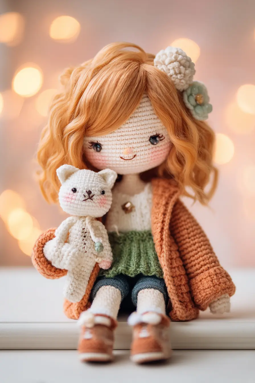Amigurumi Red‑Haired Doll with Tiny Cat — Crochet Pattern & Materials