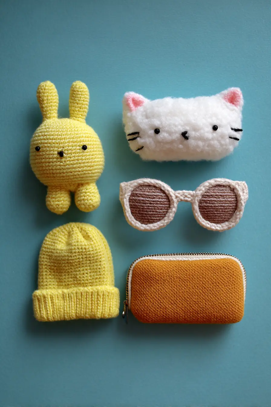 Amigurumi Mini Toy Set: Bunny, Cat Face, Sunglasses & Beanie Crochet Pattern