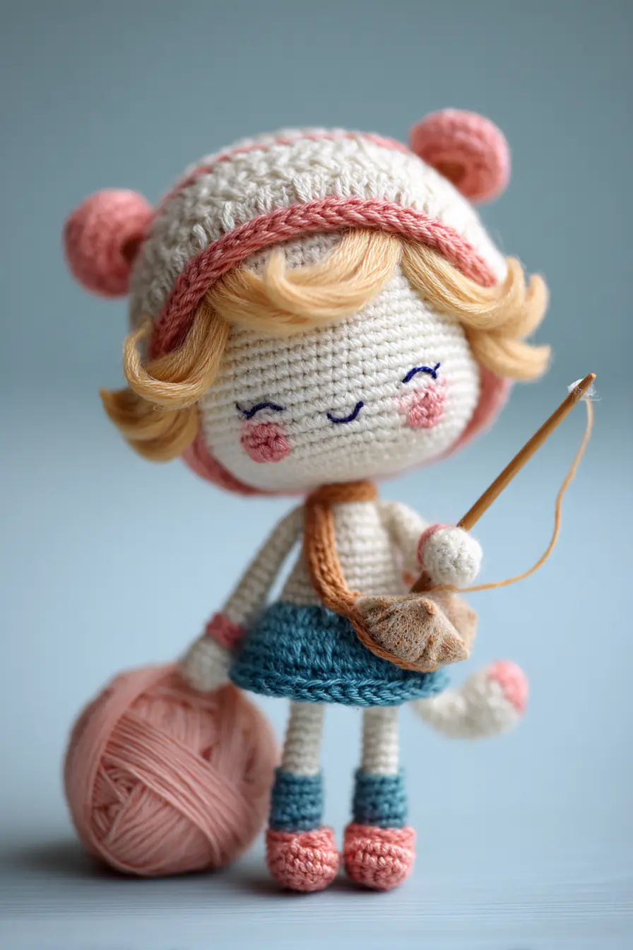 Amigurumi Girl Doll Pattern — Pom‑Pom Hat & Tiny Yarn Bag (7–9 in)
