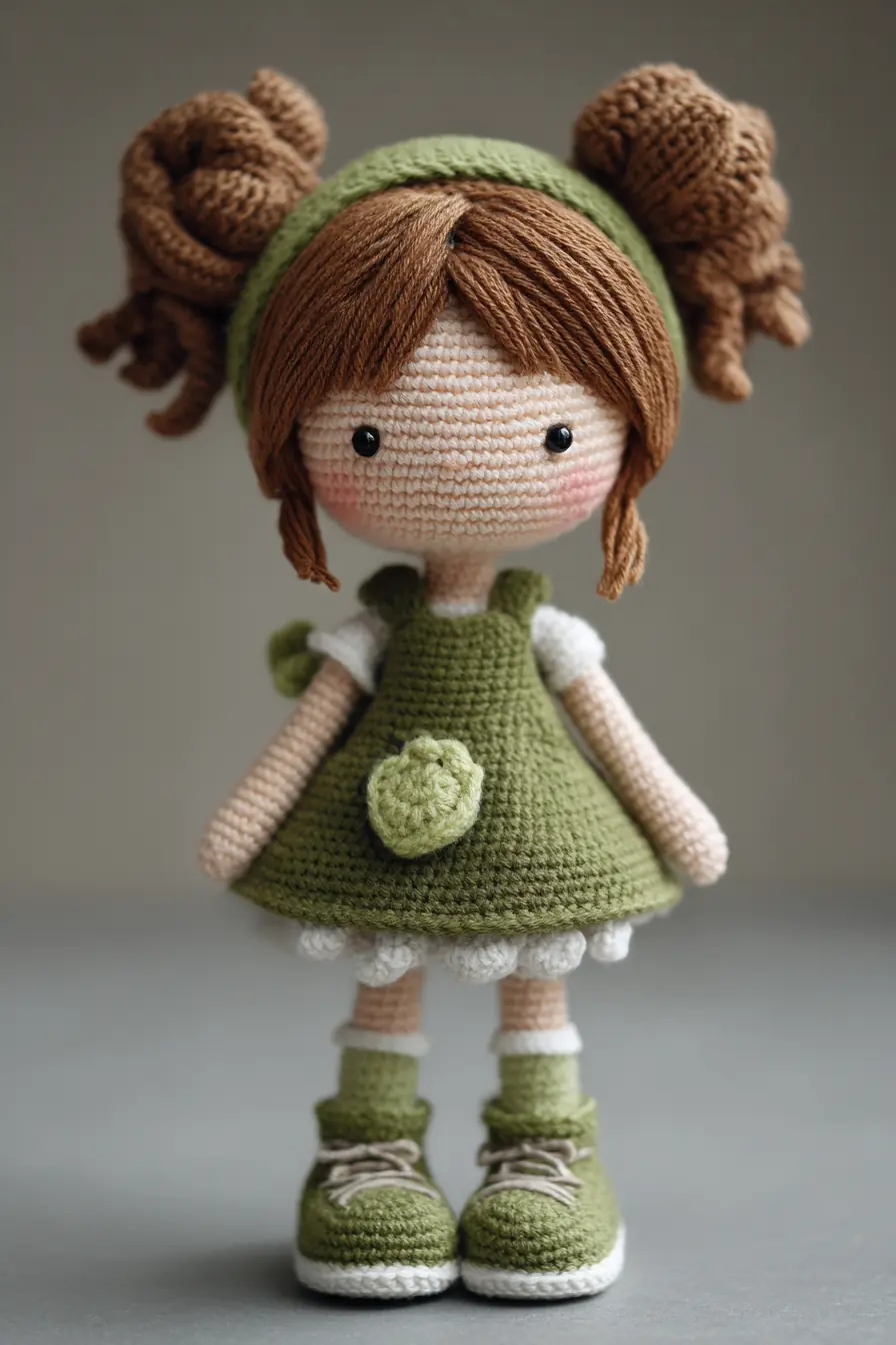 Amigurumi Girl Doll Pattern — Green Dress, Pigtails & Cute Shoes (Crochet)
