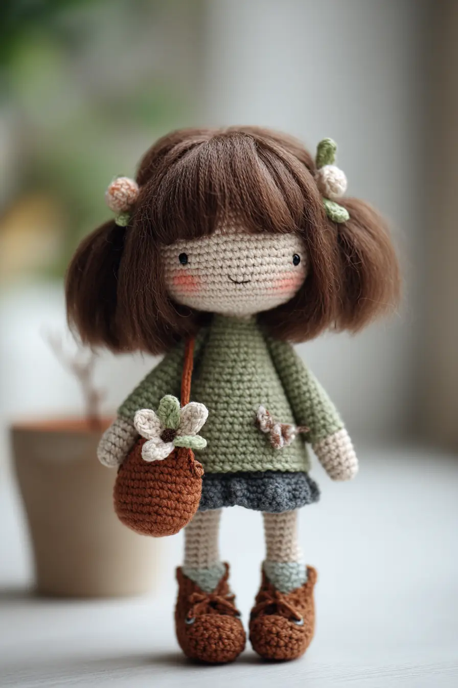 Amigurumi Girl Doll Pattern — Crochet Doll with Bag, Boots & Flower Accents