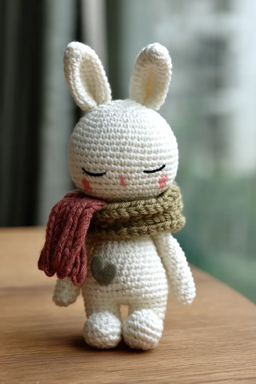 Amigurumi Sleepy Bunny Crochet Pattern — Scarfed Bunny, Worsted Yarn & Embroidered Face