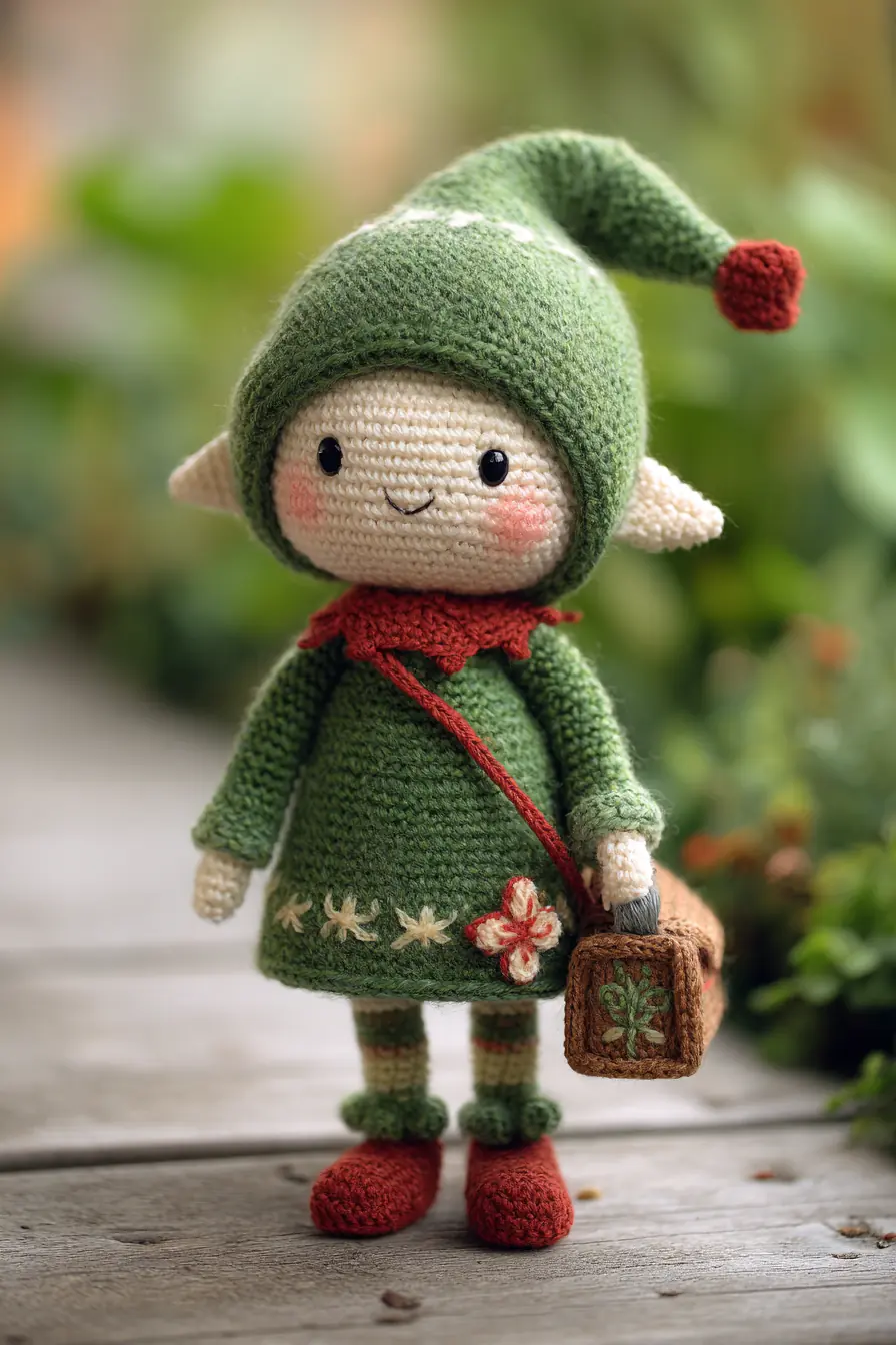 Amigurumi Elf Doll Pattern — Small Green Gnome with Floral Embroidery