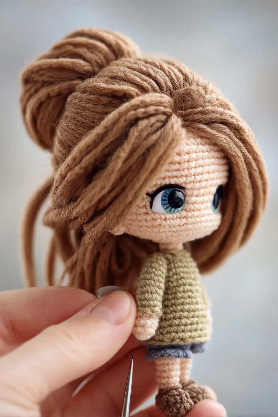 Amigurumi Doll Pattern: Small Doll with Yarn Bun, Big Eyes & Cozy Sweater