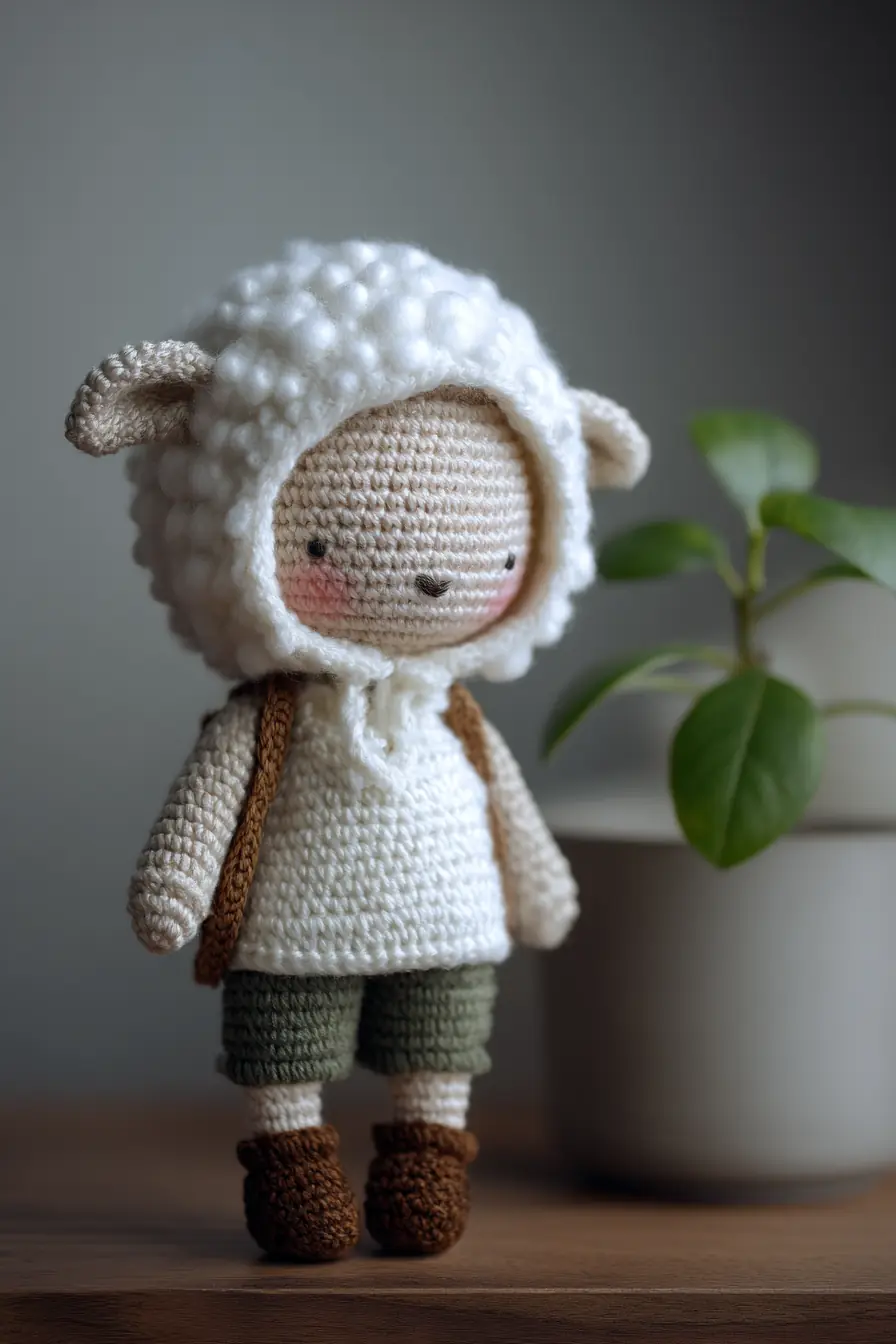 Amigurumi Woolly Lamb Doll — Bobble-Stitch Hood & Single-Crochet Body