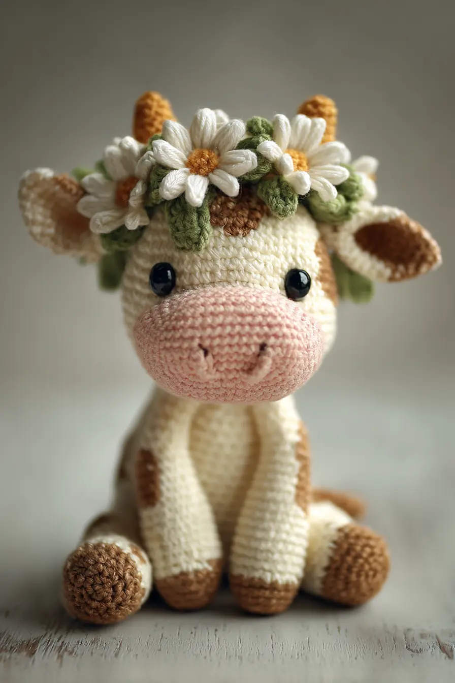 Amigurumi Cow with Daisy Crown — Crochet Pattern & Cute Nursery Toy