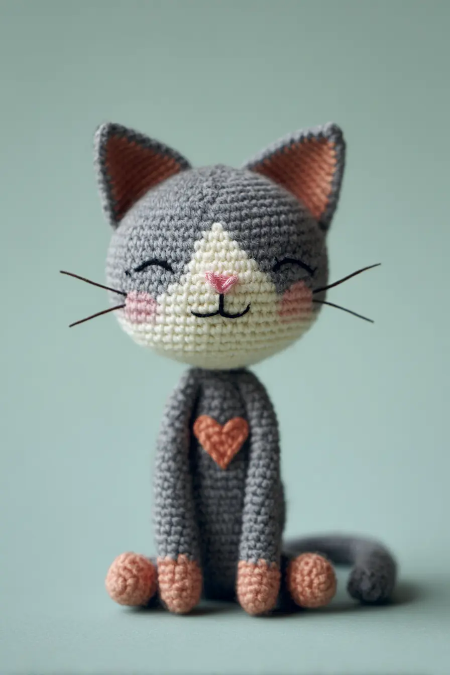 Amigurumi Gray Cat with Blush Cheeks and Heart — Cute Crochet Kitten Pattern