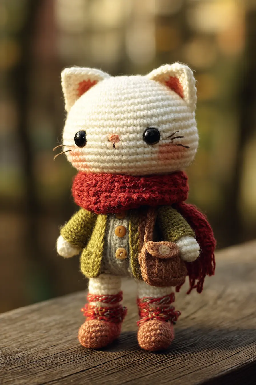 Amigurumi Crochet Cat Doll with Scarf, Coat & Bag — Worsted Yarn (6–8 in)